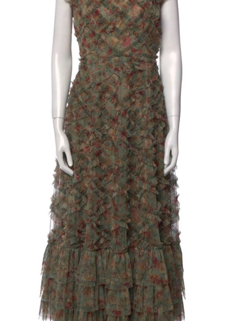 Mac Duggal Green Floral Layered Ruffle Maxi Dress